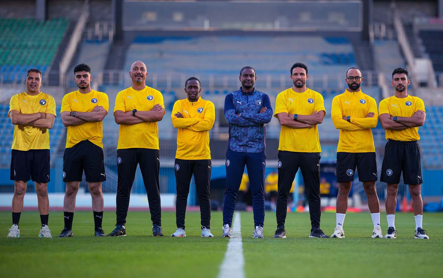 Rulani Mokwena lines up with his Pyramids FC technical team