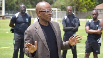Sandile Zungu addressing the AmaZulu FC players during a training session.