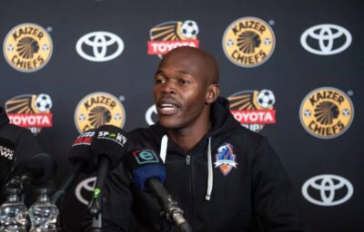 Scottland FC striker Knowledge Musona addressing the media at the Kaizer Chiefs Village