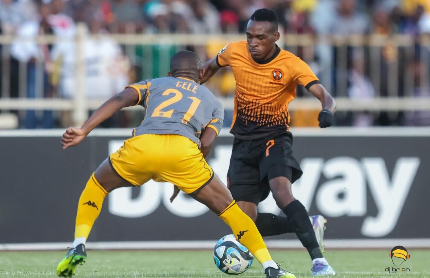 Simon Ramabu take on Thabo Cele during a match between Polokwane City and Kaizer Chiefs.