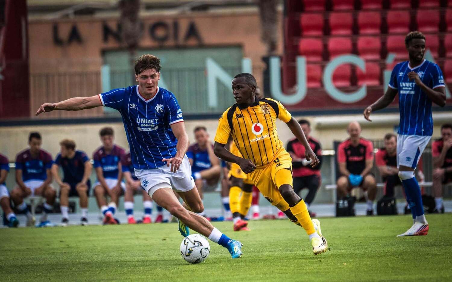 Siphesihle Ndovu in action for Kaizer Chiefs against Rangers FC during a pre-season friendly match in Spain