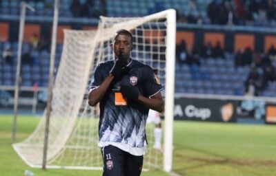 Marumo Gallants new signing Thabang Sesinyi celebrating after scoring a goal for Jwaneng Galaxy