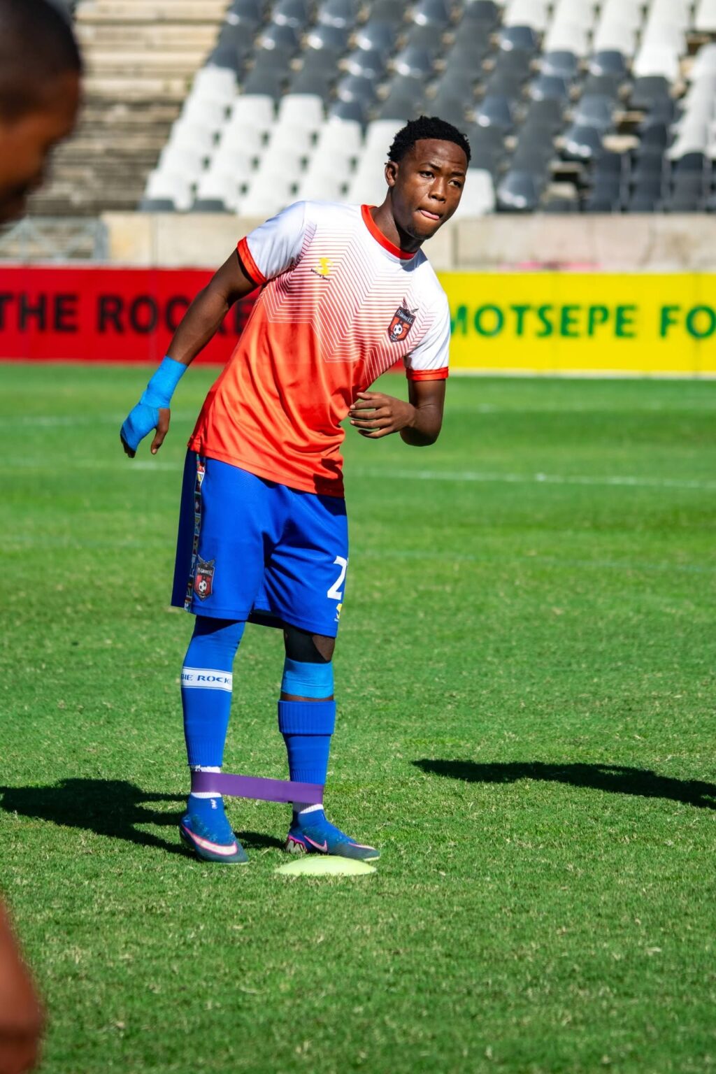 highly rated winger Seluleko Mahlambi of TS Galaxy warm up before a game
