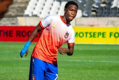 highly rated winger Seluleko Mahlambi of TS Galaxy warm up before a game