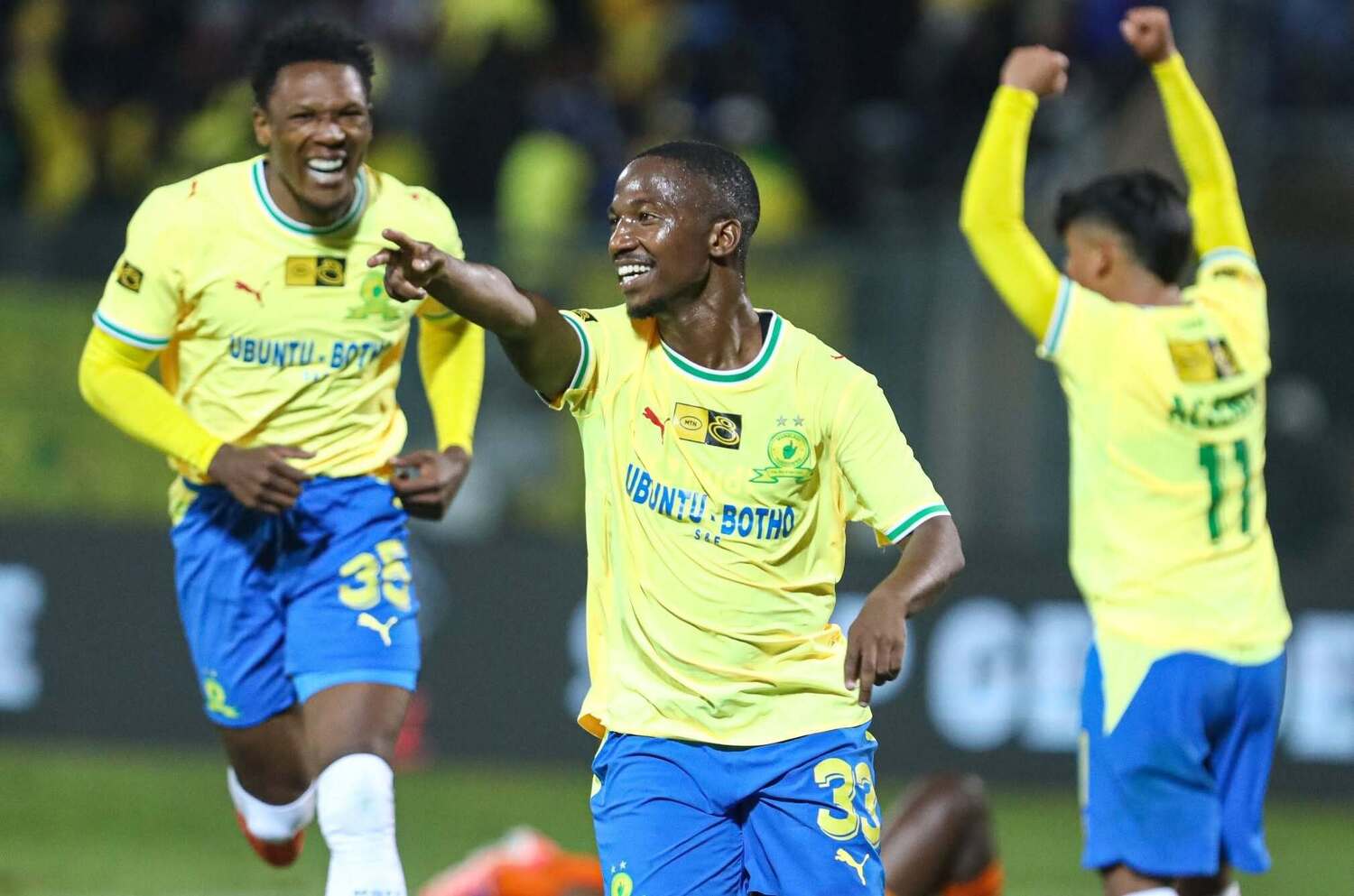 Cassius Mailula celebrates together with Lebo Mothiba after scoring for Mamelodi Sundowns