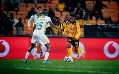Kaizer Chiefs midfielder Mfundo Vilakazi trying to dribble past a Golden Arrows player in an MTN8 tie