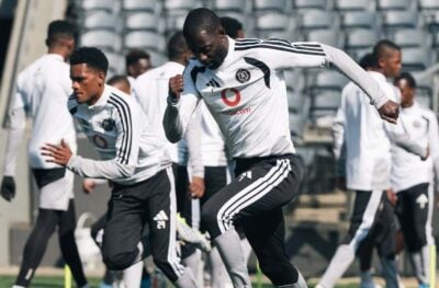 Deon Hotto and Mthetheleli Mthiyani going through their paces during training with Orlando Pirates