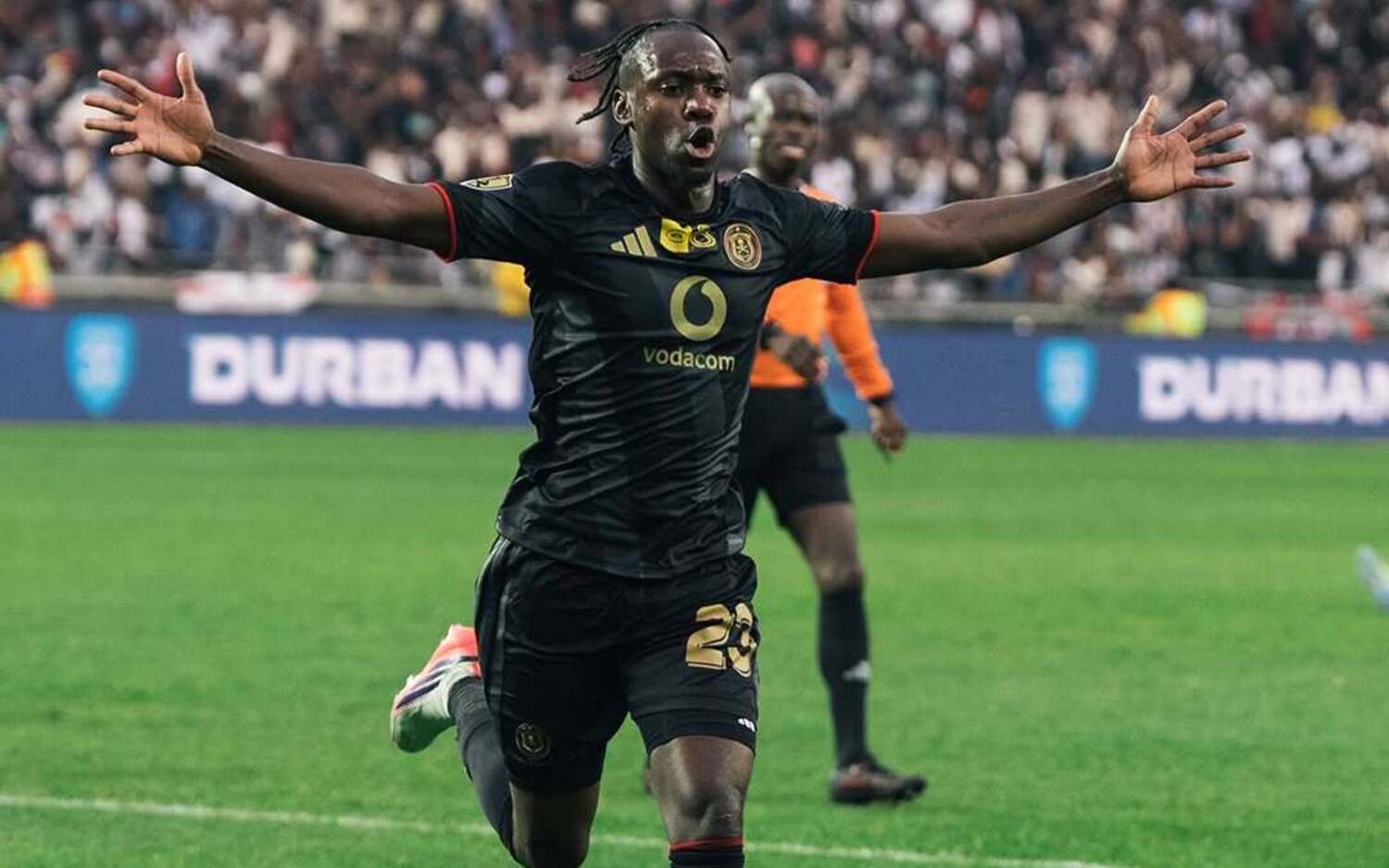Gamphani Lungu celebrating after scoring for Orlando Pirates