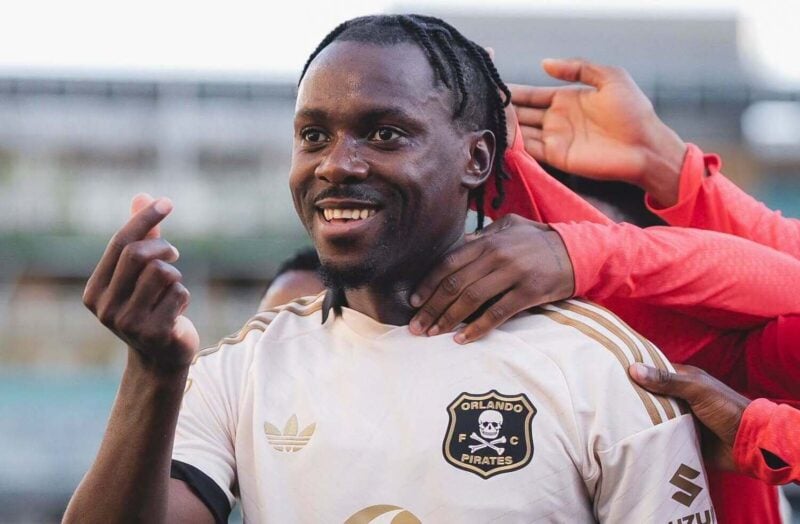 Gamphani Lungu celebrating after scoring for Orlando Pirates