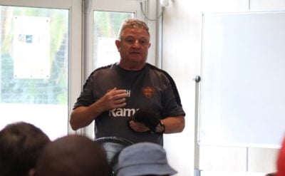 Gavin Hunt having a team talk with his Stellenbosch FC players