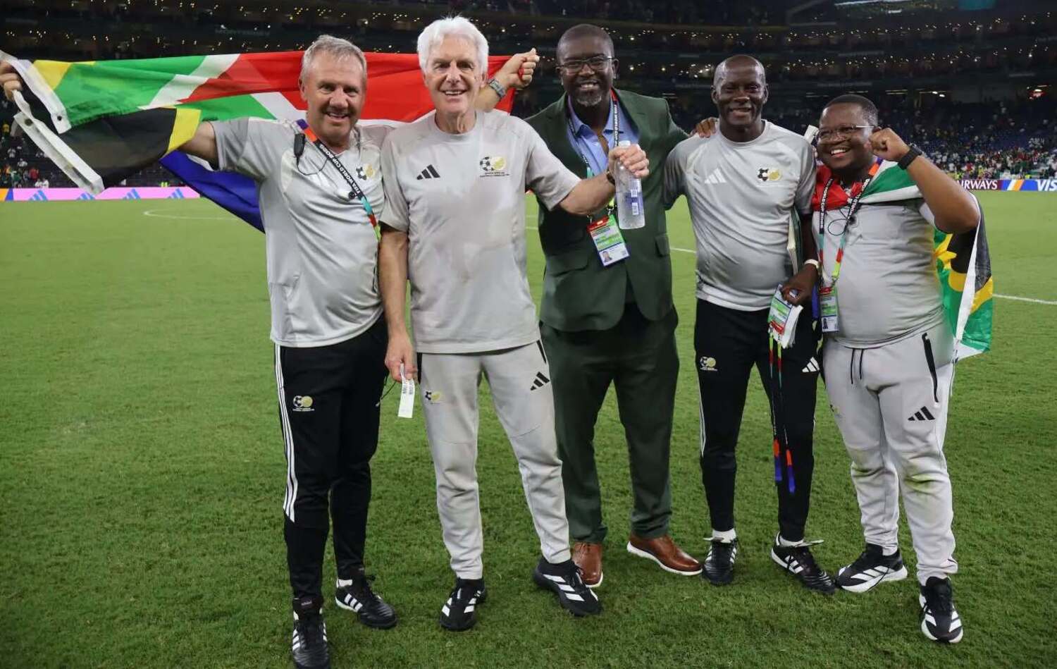 Grant Johnson, Hugo Broos, Helman Mkhalele and Sinesipho Mali at the 2026 FIFA World Cup with Bafana Bafana