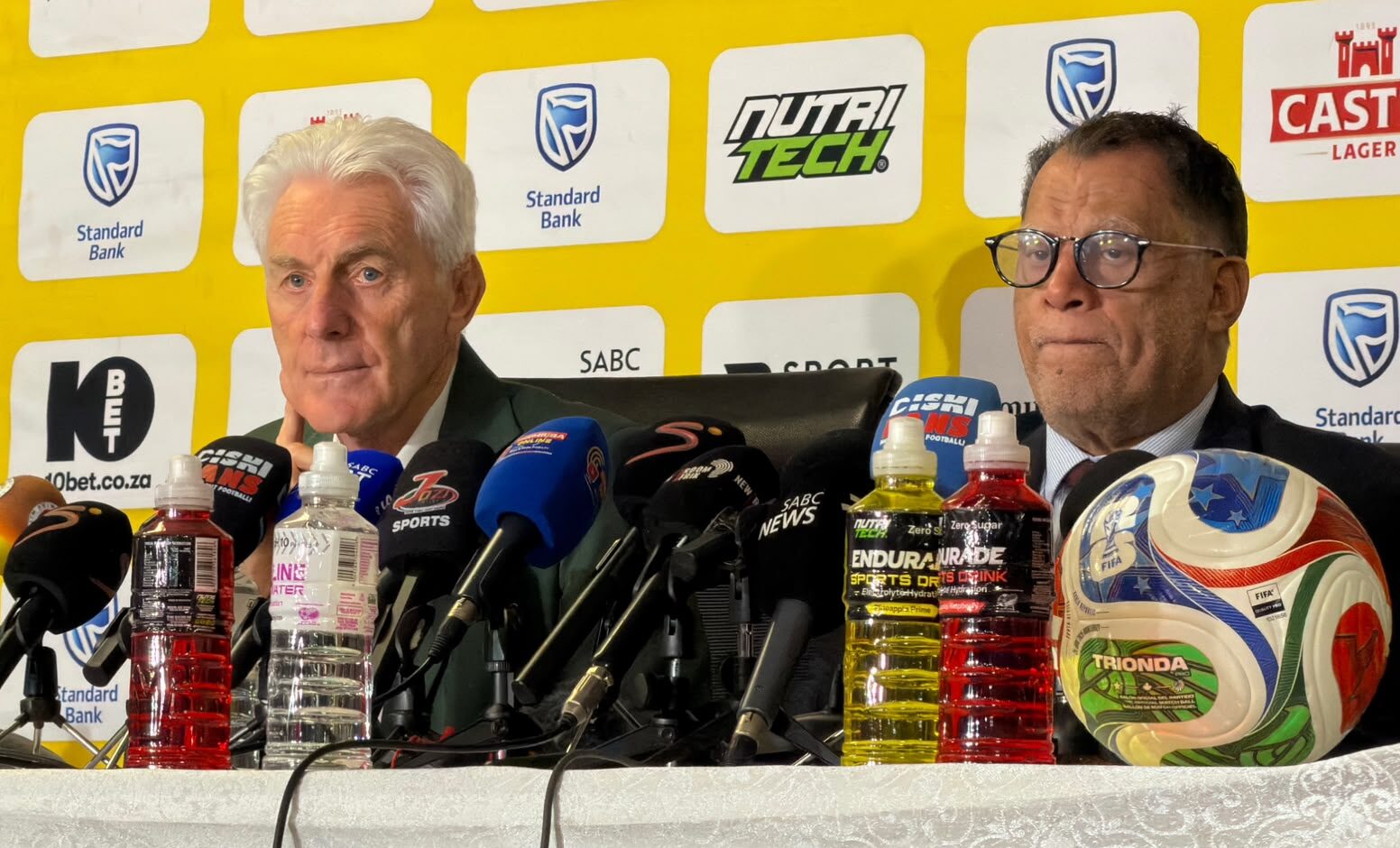 Hugo Broos and Danny Jordaan speaking to the media at SAFA House on Friday, 31 July 2026