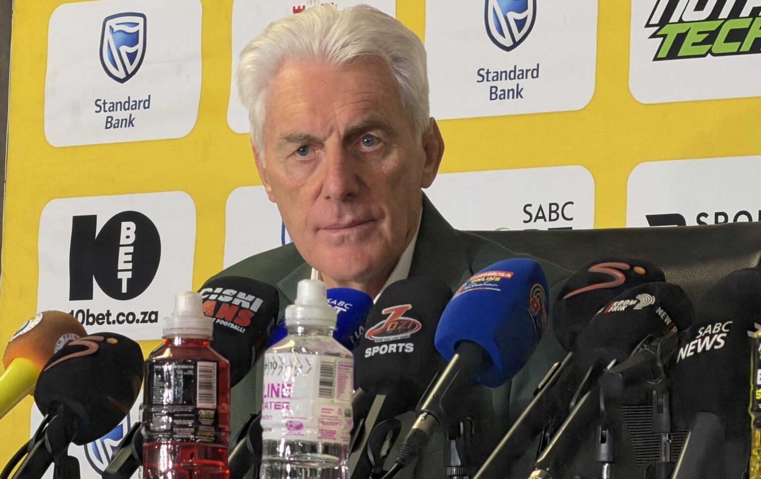 Hugo Broos speaking to the media during his farewell press conference at SAFA House in Nasrec on Friday