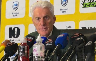 Hugo Broos speaking to the media during his farewell press conference at SAFA House in Nasrec on Friday