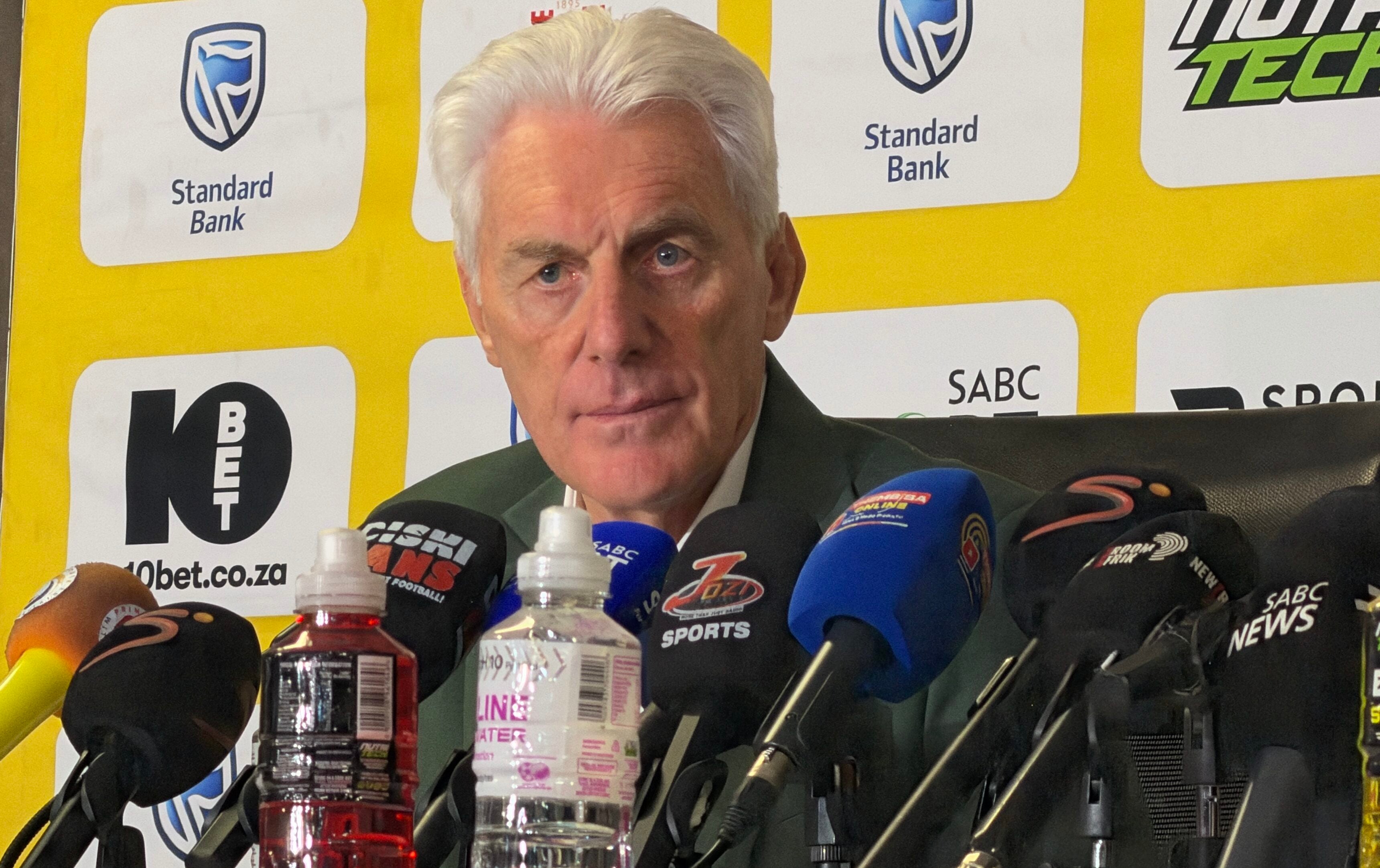 Hugo Broos speaking to the media during his farewell press conference at SAFA House in Nasrec on Friday