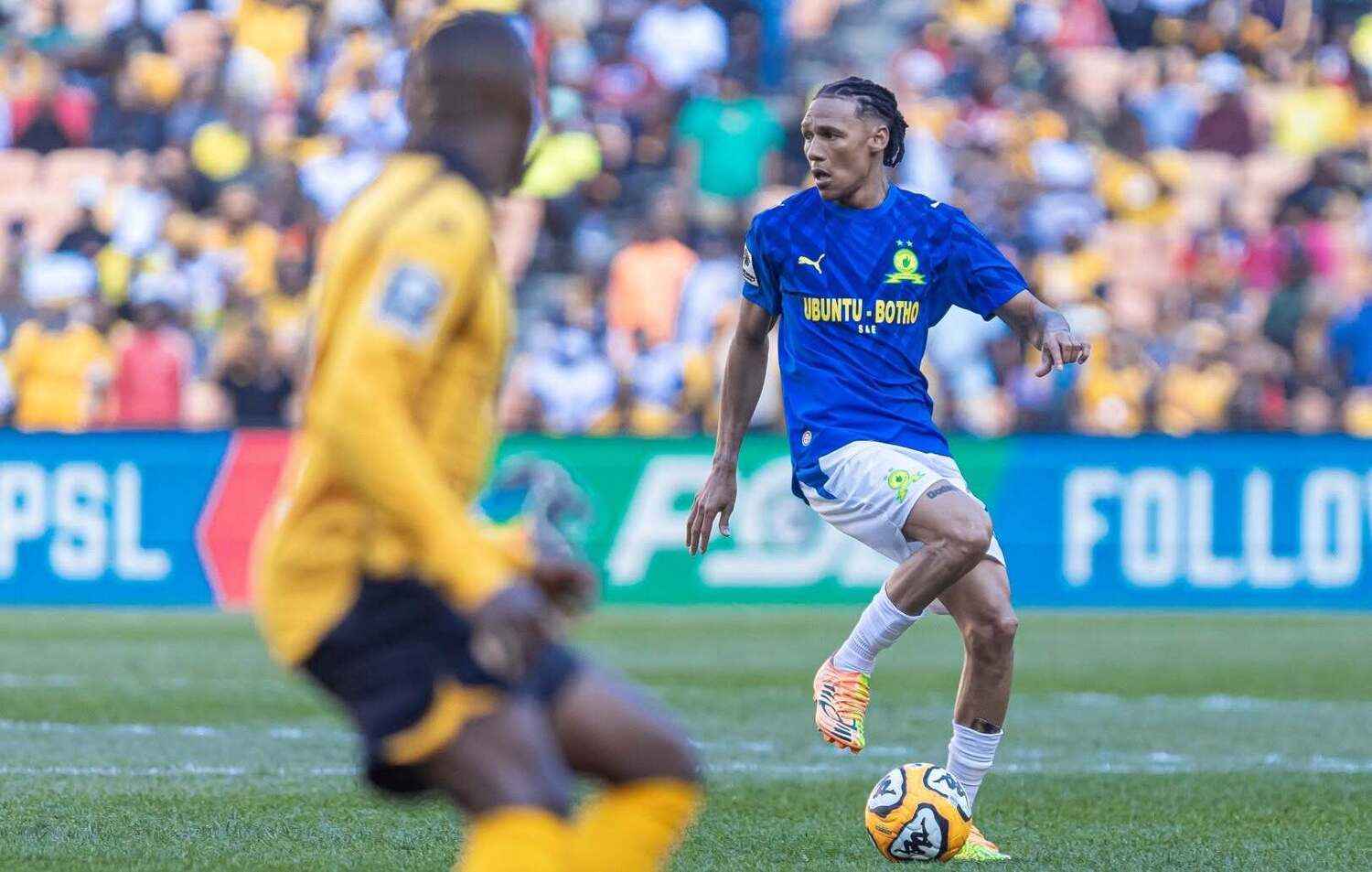 Kegan Johannes controlling the ball in action for Mamelodi Sundowns against Kaizer Chiefs