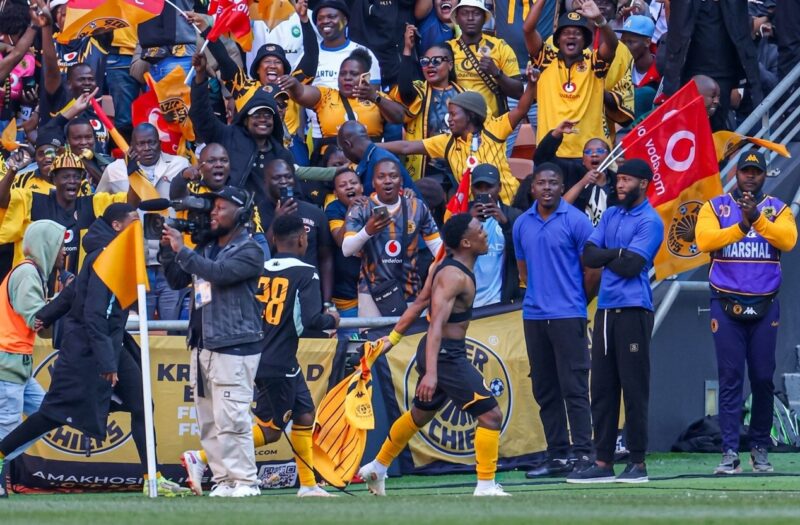 Langelihle Phili in celebratory mood after scoring for Kaizer Chiefs against Mamelodi Sundowns at FNB Stadium