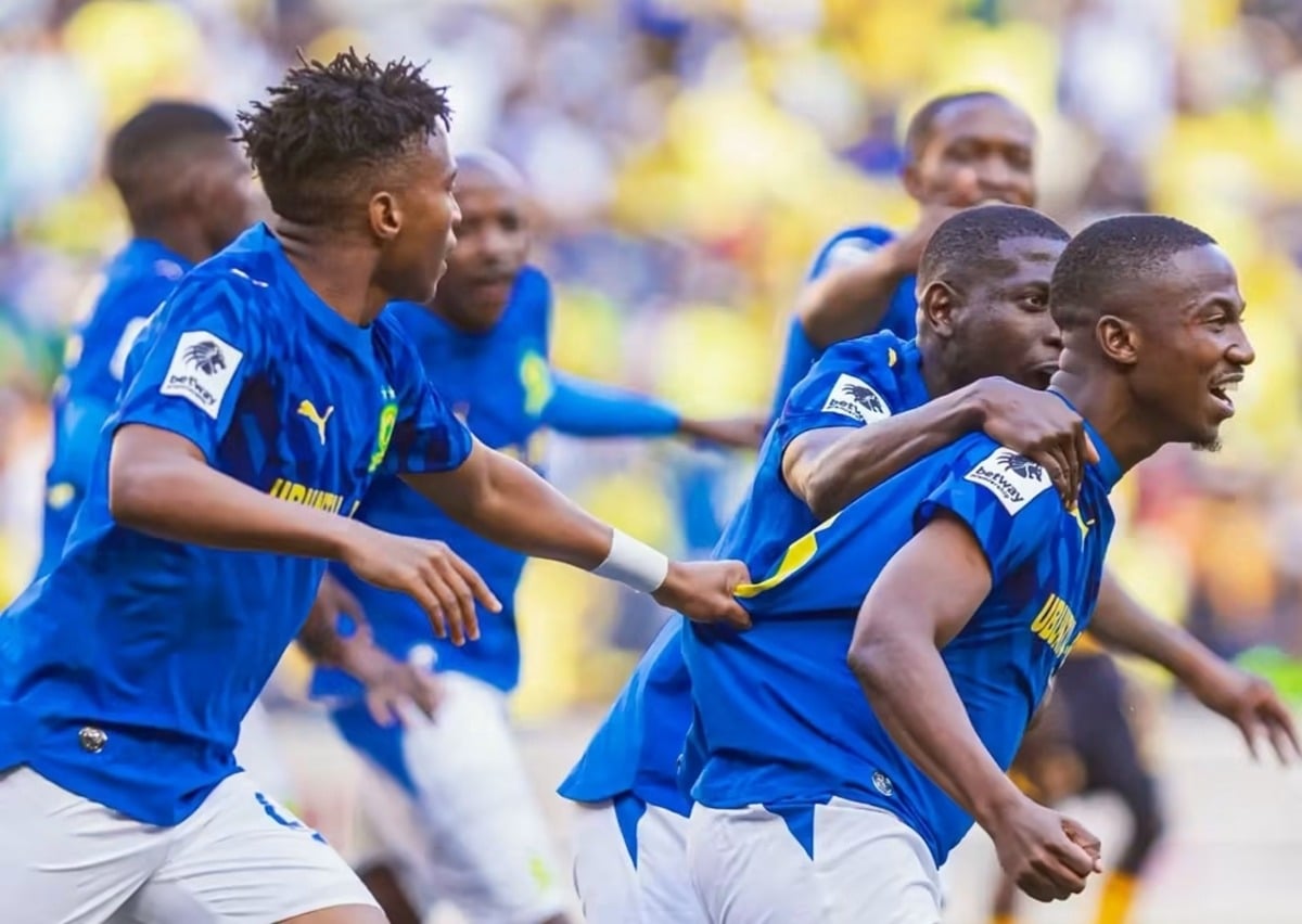 Mamelodi Sundowns players celebrating a goal.