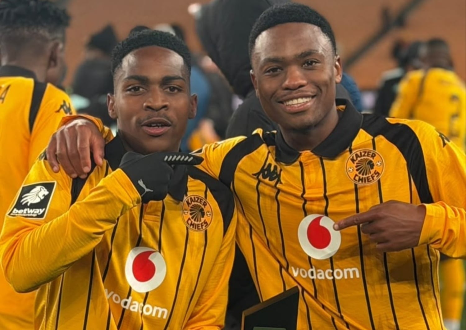 Mfundo Vilakazi with Langelihle Phili after Sekhukhune United Betway Premiership tie at FNB Stadium