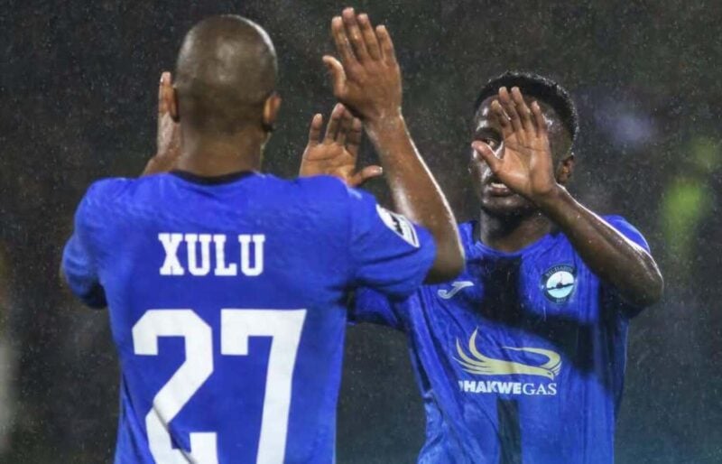 Nqaba Xulu celebrates after scoring for Richards Bay against Kaizer Chiefs