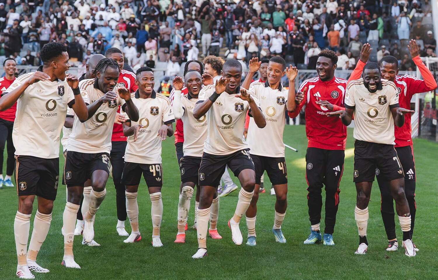 Orlando Pirates players celebrating Daniel Msendami's goal