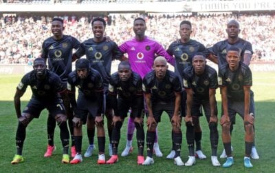 Orlando Pirates players, including those who went to the World Cup, pose for a team photo before playing against Durban City FC