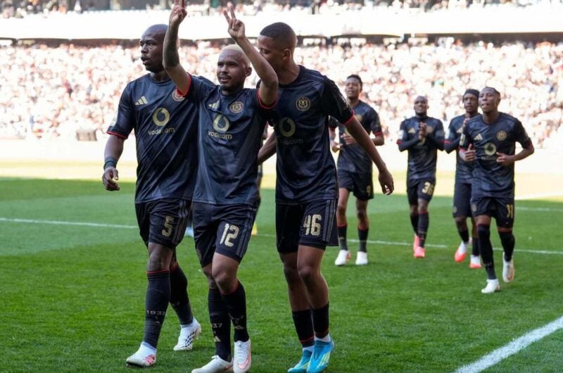 Oswin Appollis leads Orlando Pirates teammates in celebration after scoring duringb a Betway Premiership match against Milford FC