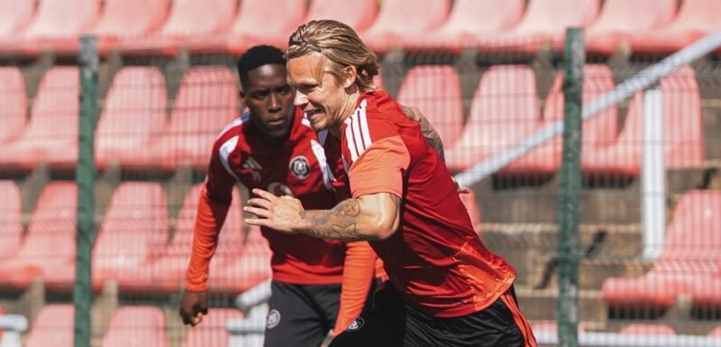 Sebastian Pedersen running during a warm up session with Orlando Pirates.