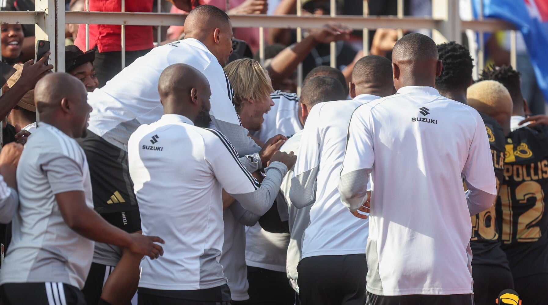 Sebastian Pedersen celebrate with his Orlando Pirates teammates during an MTN8 match against Sekhukhune United.