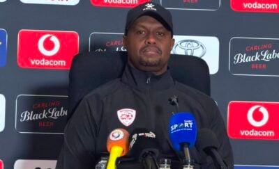 Sekhukhune United head coach Cedric Kaze speaking to the media at FNB Stadium