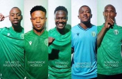Ex-Orlando Pirates midfielder Selaelo Rasebotja, Shadrack Kobedi, Thabiso Sesane, Wandile Mthombeni & Njabulo Ngcobo being unveiled by Siwelele FC