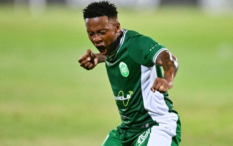 Thabiso Kutumela of AmaZulu FC celebrates after Hendrick Ekstein of AmaZulu FC scored the first goal during the Betway Premiership 2025/26 match between AmaZulu FC and Stellenbosch FC at Princess Magogo Stadium in Durban on 17 September