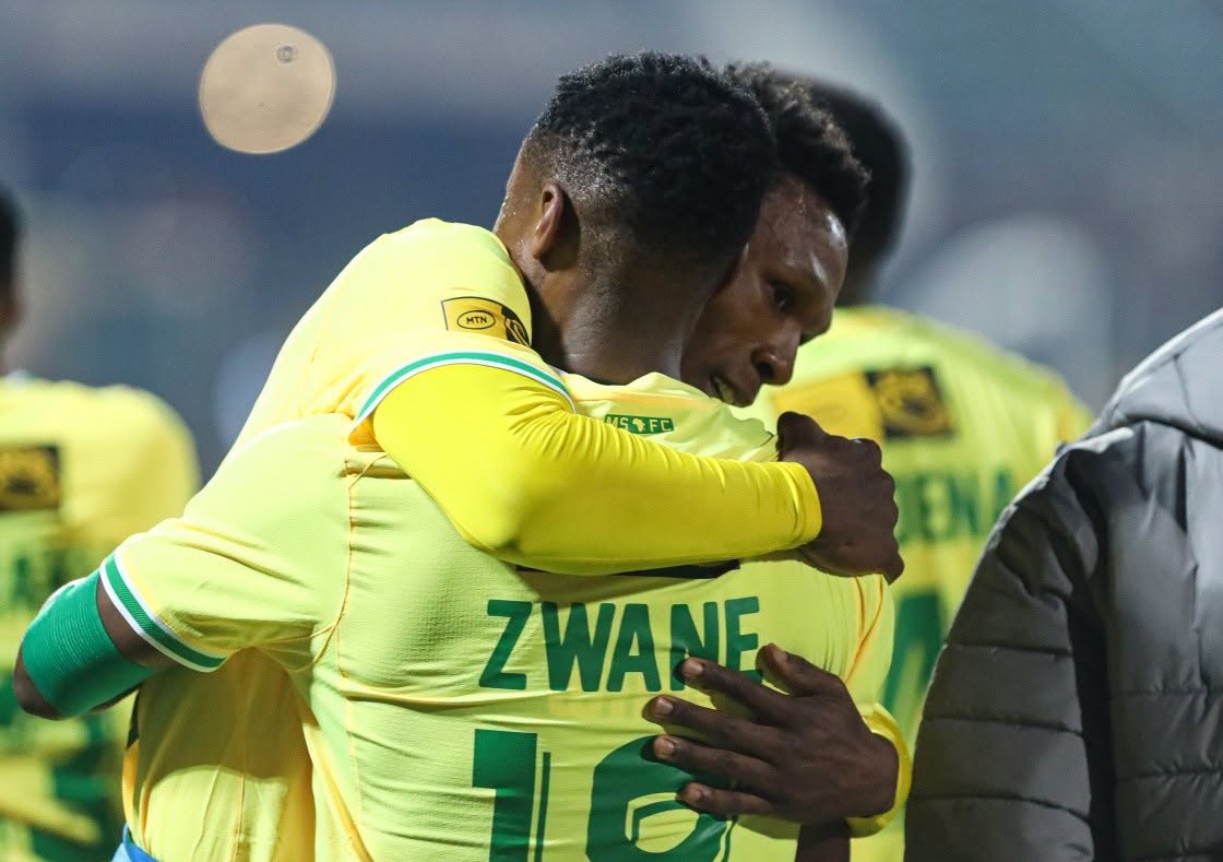 Themba Zwane and Lebo Mothiba celebrate for Mamelodi Sundowns against Polokwane City.