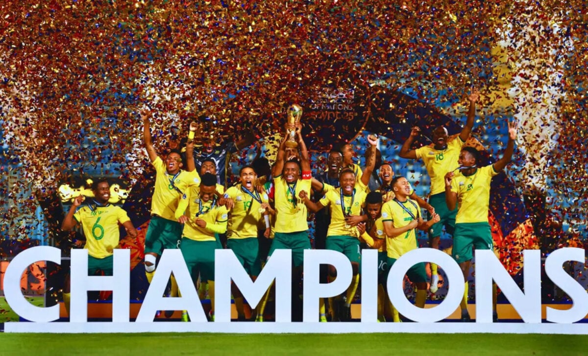 Amajita players lifting the 2025 U20 AFCON trophy