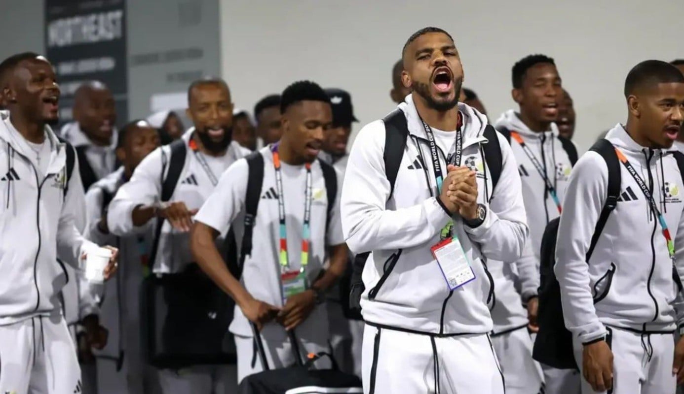 Bafana Bafana players singing before a 2026 FIFA World Cup match.