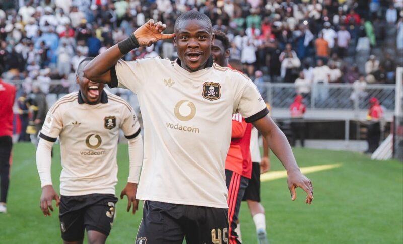 Daniel Msendami in celebratory mood after scoring for Orlando Pirates