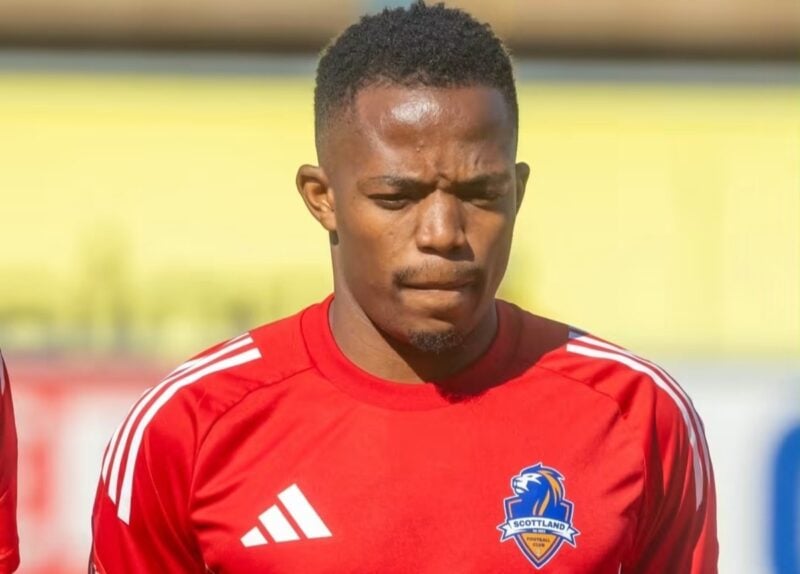 Emmanuel Jalai in Scottland FC's colors at Rufaro stadium