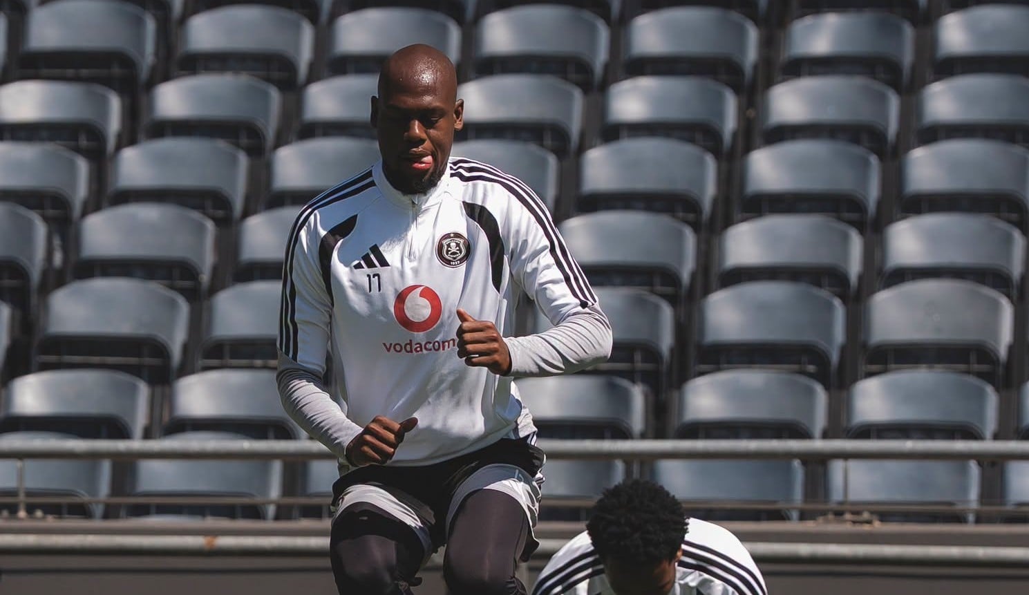 Evidence Makgopa jumping during a training session with Orlando Pirates