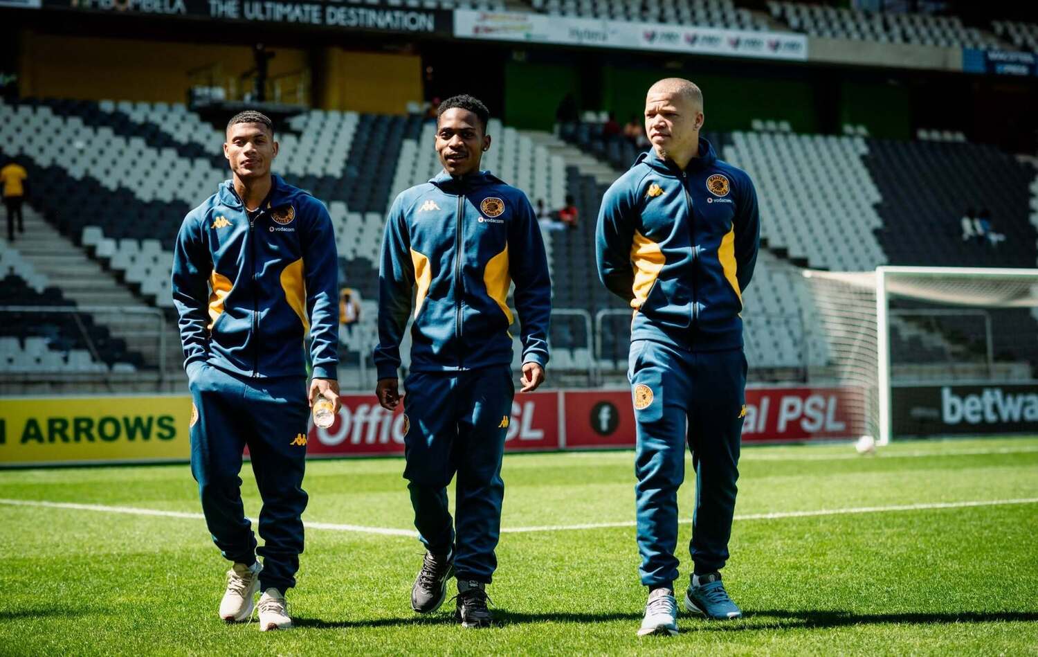 Faiz Abrahams, Mfundo Vilakazi and Luke Baartman during a pitch walkabout with Kaizer Chiefs