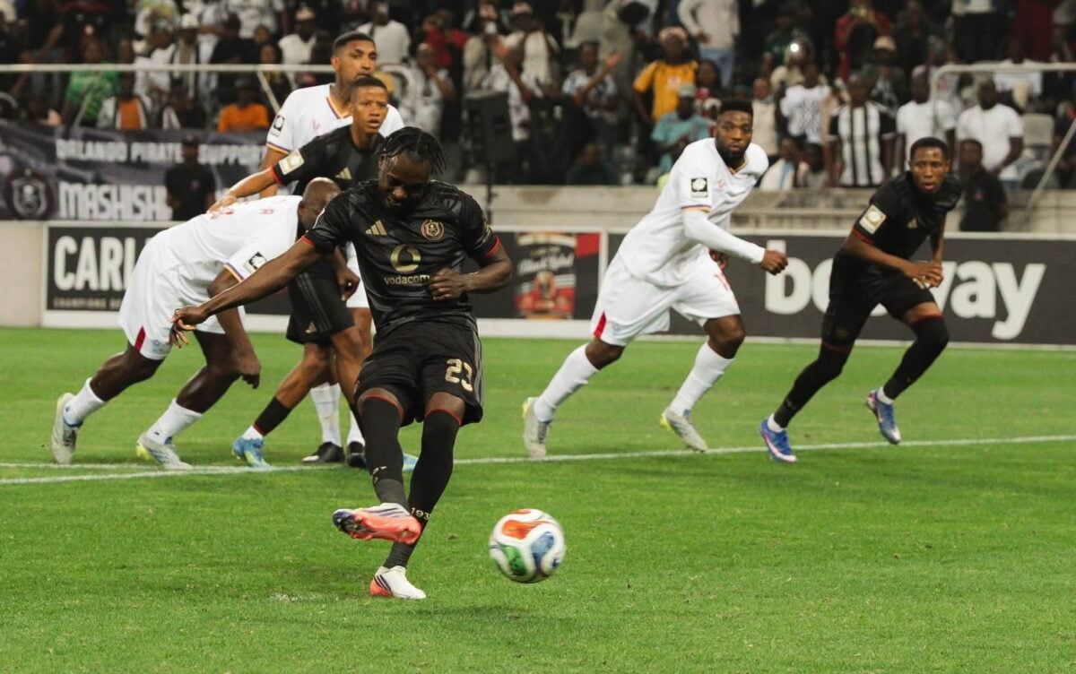 Ghampani Lungu scoring a penalty for Kruger United against Orlando Pirates in Mbombela.