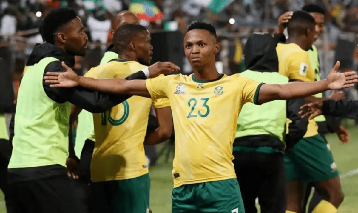 Mohau Nkota celebrating a goal for Bafana Bafana