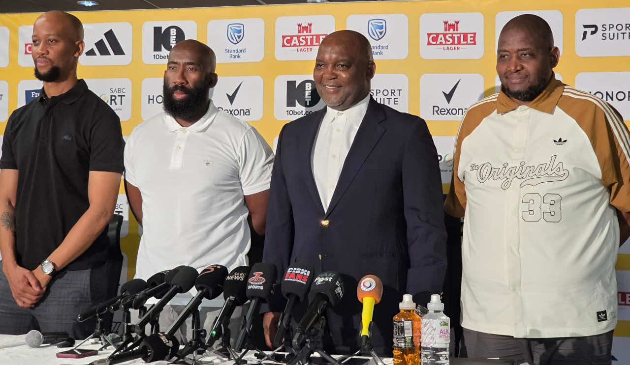 Musi Matlaba, Kabelo Rangoaga, Pitso Mosimane and Morena Ramoreboli at SAFA House
