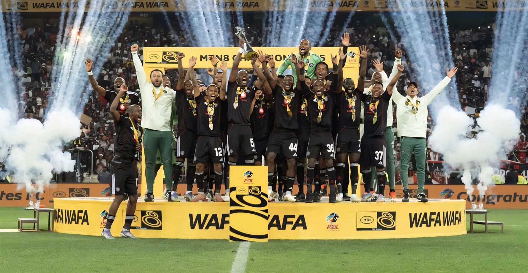 Orlando Pirates players in celebratory mood after being crowned the MTN8 title last season