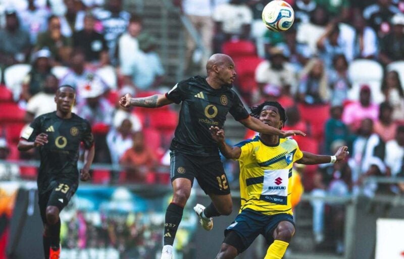 Orlando Pirates winger Oswin Appollis fights for the ball against a La Cure Waves player in a CAF Champions League match
