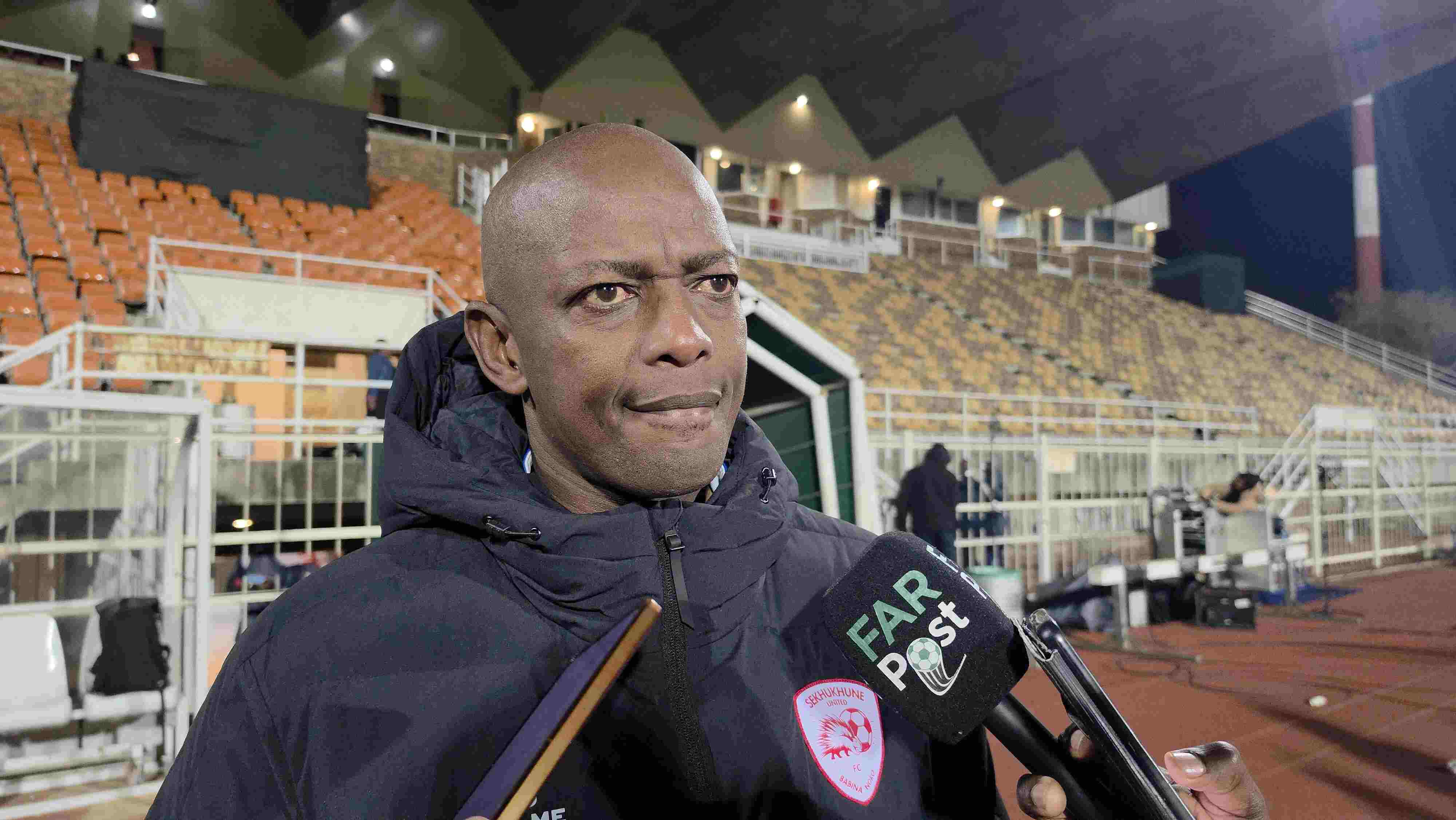 Papi Zothwane talking to the media at Old Peter Mokaba Stadium