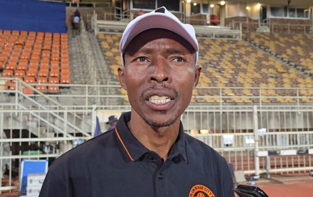 Phuti Mohafe talking to the media at the Old Peter Mokaba Stadium.