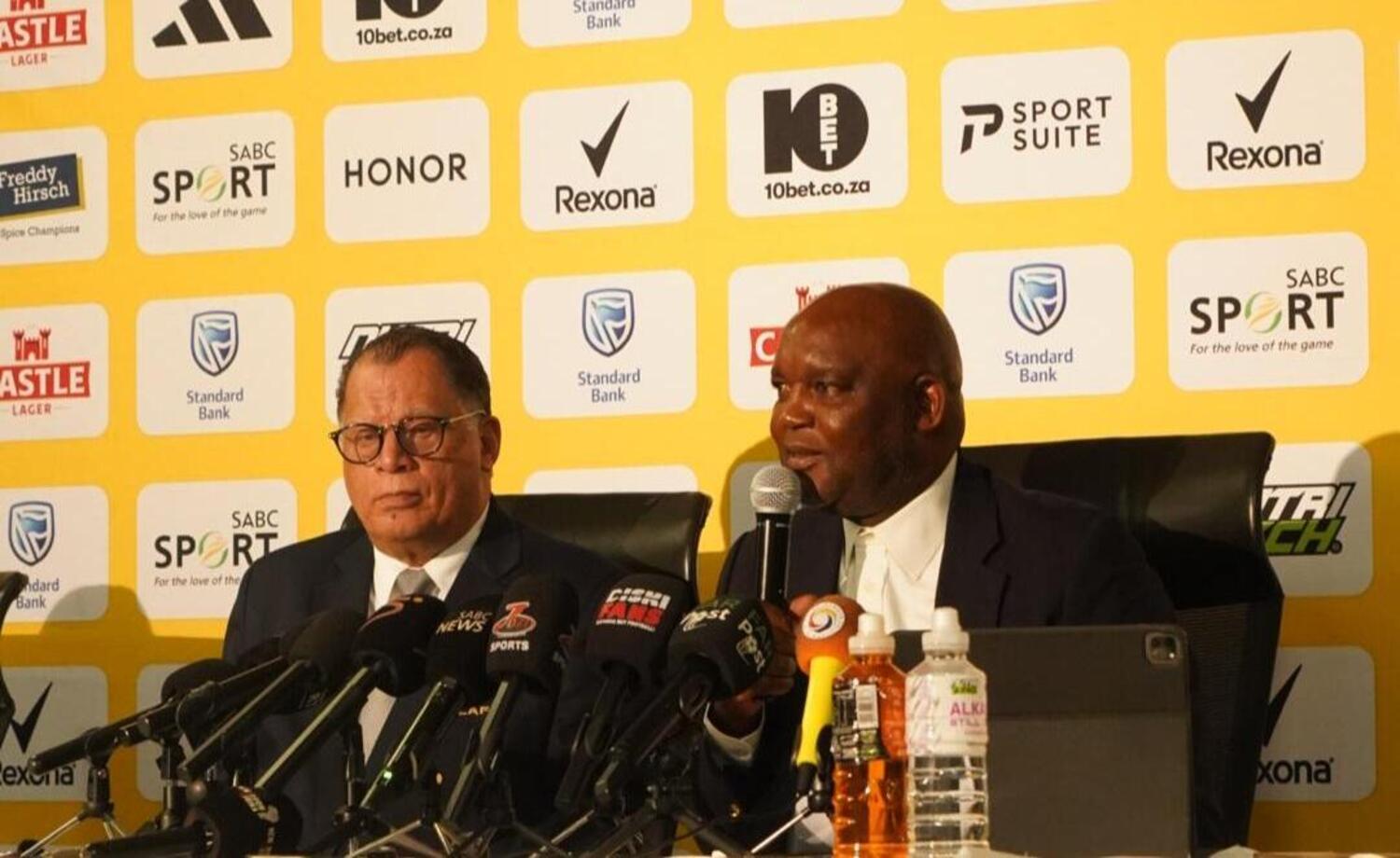 Pitso Mosimane announcing his Bafana Bafana squad with Danny Jordaan by his side