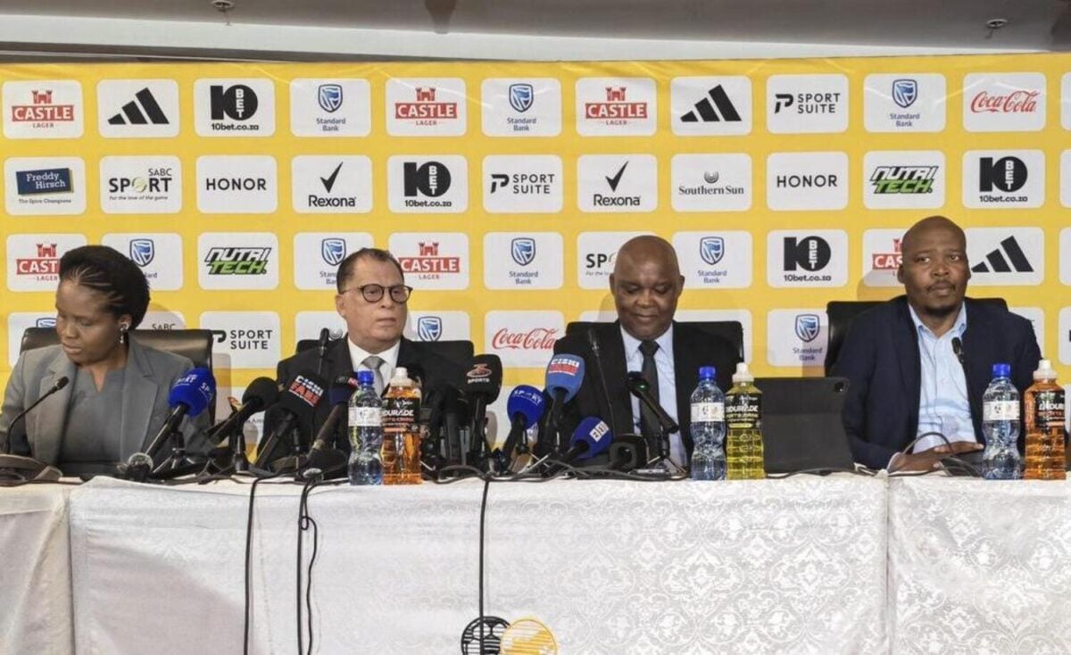 Pitso Mosimane sits with Lydia Monyepaso, Danny Jordaan and Linda Zwane during his unveiling as the new Bafana Bafana coach