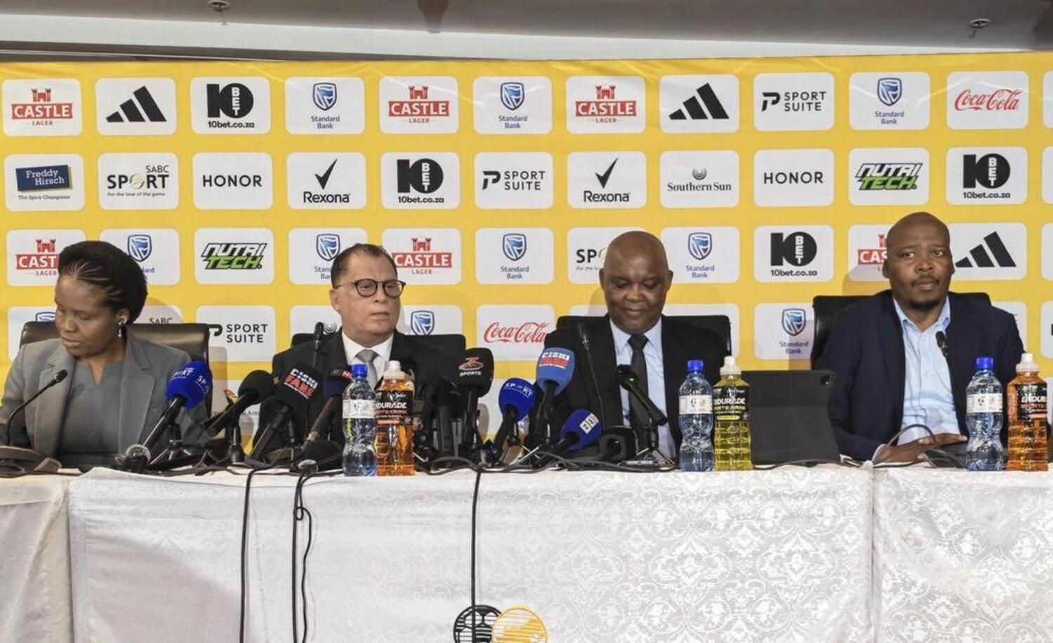 Lydia Monyepao, Danny Jordaan and Linda Zwane with Pitso Mosimane being unveiled as Bafana Bafana coach