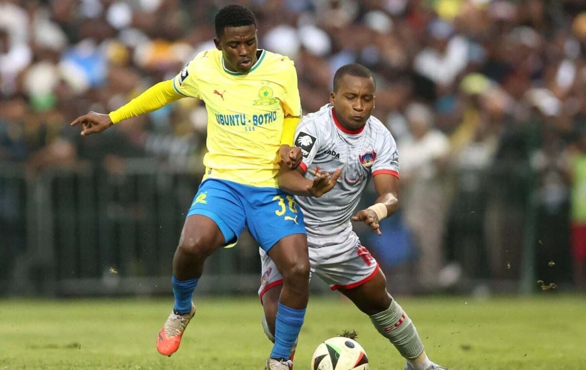 Mamelodi Sundowns winger Siyanda Ndlovu in a challenge with Azola Tshobeni of Chippa United during a Betway Premiership match
